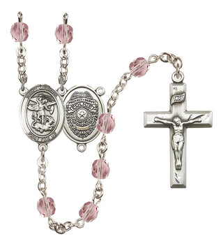 Silver Plated 6mm Fire Polished Saint Michael the Archangel/Policeman Rosary in Light Amethyst