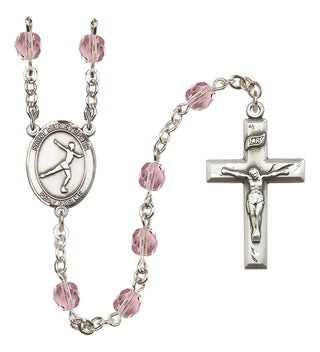 Hand Made Silver Plate Rosary with 6mm Fire Polished Light Amethyst Beads featuring a Saint Christopher/Figure Skating Center.