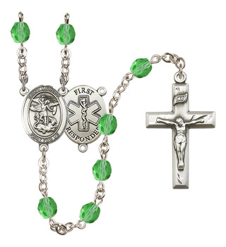 Silver Plated 6mm Fire Polished Saint Michael/1St Responder Rosary in Peridot