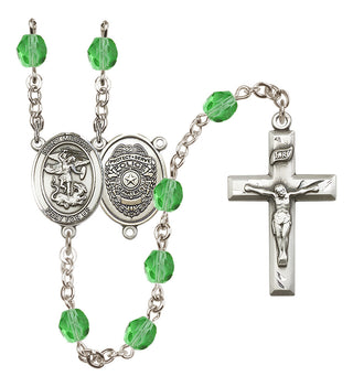 Silver Plated 6mm Fire Polished Saint Michael the Archangel/Policeman Rosary in Peridot