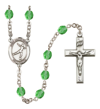 Hand Made Silver Plate Rosary with 6mm Fire Polished Peridot Beads featuring a Saint Christopher/Figure Skating Center.