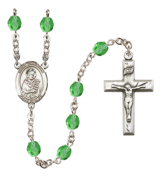 Silver Plated 6mm Fire Polished Saint Christian Demosthenes Rosary in Peridot