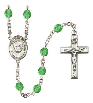 Silver Plated 6mm Fire Polished Saint Arnold Janssen Rosary in Peridot