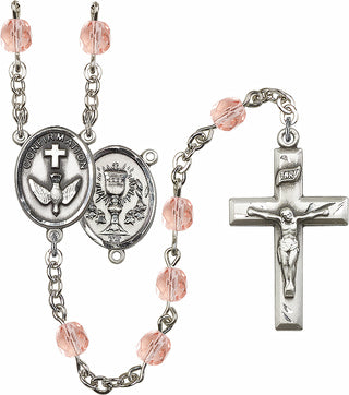 Hand Made Silver Plate Rosary with 6mm Fire Polished Pink Beads featuring a 2-Sided Chalice / Confirmation Center