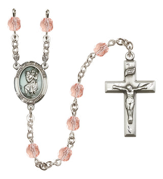 Hand Made Silver Plate Rosary with 6mm Fire Polished Pink Beads featuring a Saint Christopher Center.