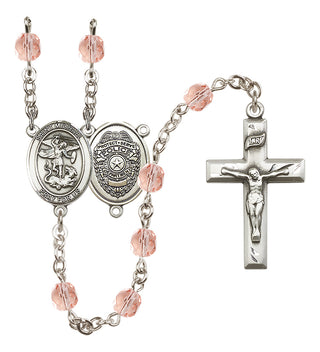 Silver Plated 6mm Fire Polished Saint Michael the Archangel/Policeman Rosary in Pink