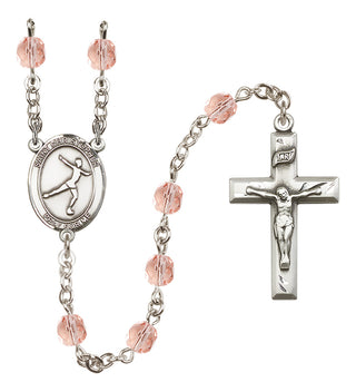 Hand Made Silver Plate Rosary with 6mm Fire Polished Pink Beads featuring a Saint Christopher/Figure Skating Center.