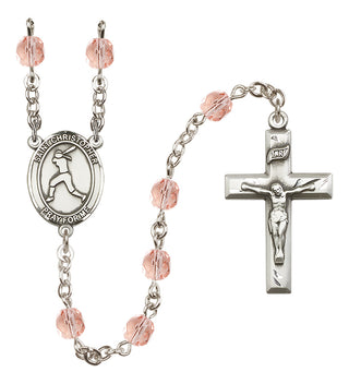 Silver Plated 6mm Fire Polished Saint Christopher/Softball Rosary in Pink