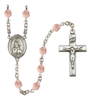 Silver Plated 6mm Fire Polished Saint Rachel Rosary in Pink