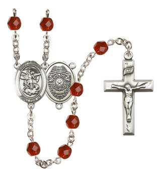 Silver Plated 6mm Fire Polished Saint Michael the Archangel/Policeman Rosary in Ruby