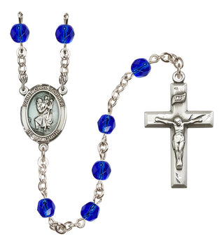 Hand Made Silver Plate Rosary with 6mm Fire Polished Sapphire Beads featuring a Saint Christopher Center.
