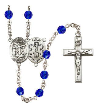 Silver Plated 6mm Fire Polished Saint Michael/1St Responder Rosary in Sapphire