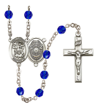 Silver Plated 6mm Fire Polished Saint Michael the Archangel/Policeman Rosary in Sapphire