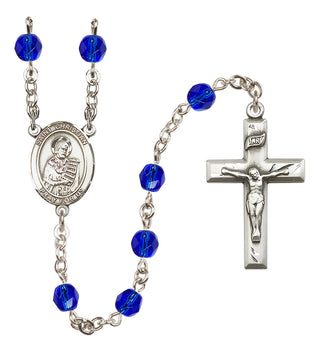 Silver Plated 6mm Fire Polished Saint Christian Demosthenes Rosary in Sapphire