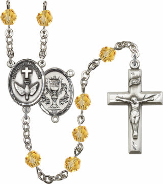 Hand Made Silver Plate Rosary with 6mm Fire Polished Topaz Beads featuring a 2-Sided Chalice / Confirmation Center