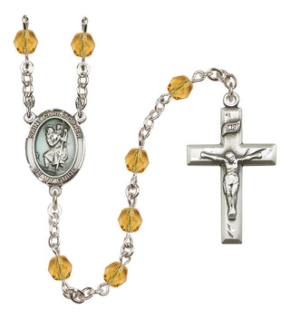 Hand Made Silver Plate Rosary with 6mm Fire Polished Topaz Beads featuring a Saint Christopher Center.