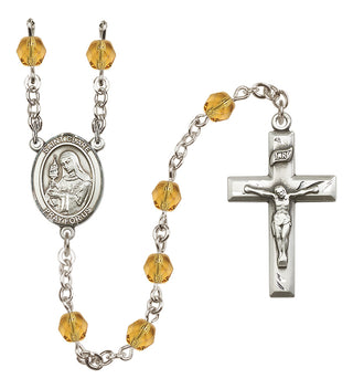 Silver Plated 6mm Fire Polished Saint Clare of Assisi Rosary in Topaz