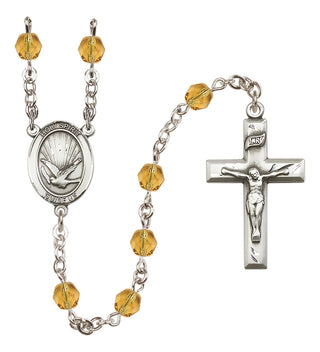 Silver Plated 6mm Fire Polished Holy Spirit Rosary in Topaz