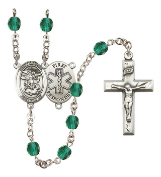 Silver Plated 6mm Fire Polished Saint Michael/1St Responder Rosary in Zircon