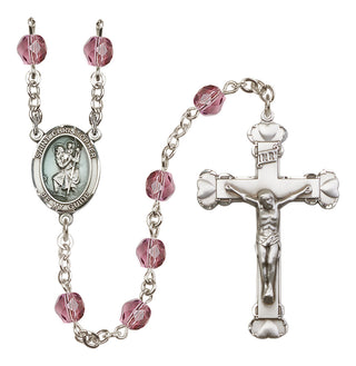 Hand Made Silver Plate Rosary with 6mm Fire Polished Amethyst Beads featuring a Saint Christopher Center.