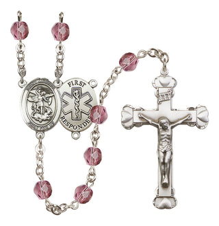 Silver Plated 6mm Fire Polished Saint Michael/1St Responder Rosary in Amethyst