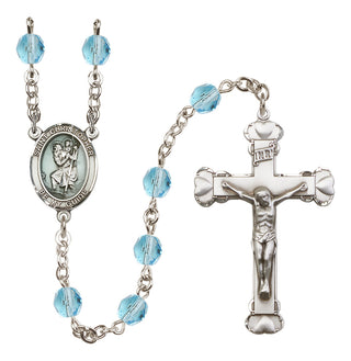 Hand Made Silver Plate Rosary with 6mm Fire Polished Aqua Beads featuring a Saint Christopher Center.