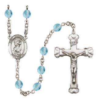 Silver Plated 6mm Fire Polished Saint Christopher Rosary in Aqua