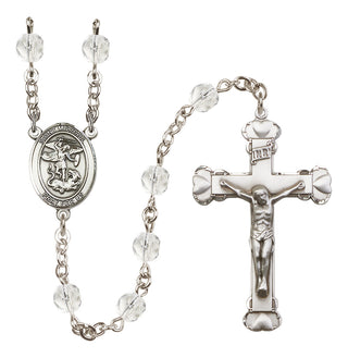 Silver Plated 6mm Fire Polished Saint Michael the Archangel Rosary in Crystal