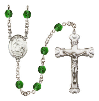 Silver Plated 6mm Fire Polished Saint Charles Borromeo Rosary in Emerald