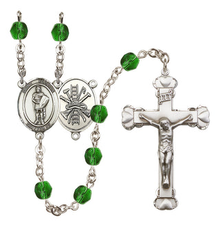 Silver Plated 6mm Fire Polished Saint Florian/Firefighter Rosary in Emerald