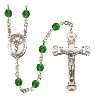 Silver Plated 6mm Fire Polished Saint Christopher/Cheerleading Rosary in Emerald