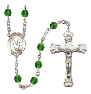 Silver Plated 6mm Fire Polished Saint Christopher/Gymnastics Rosary in Emerald