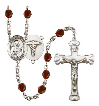 Saint Camillus of Lellis and Nurse Rosary with Garnet Beads