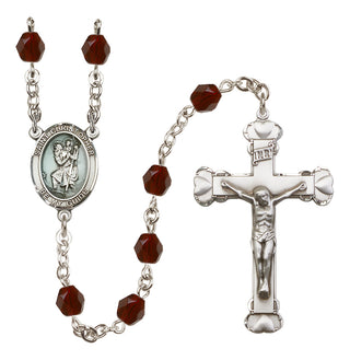 Hand Made Silver Plate Rosary with 6mm Fire Polished Garnet Beads featuring a Saint Christopher Center.