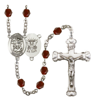 Saint Michael and Navy Rosary with Garnet Beads