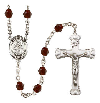 Silver Plated 6mm Fire Polished Saint Timothy Rosary in Garnet