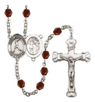 Saint Sebastian and Baseball Rosary with Garnet Beads