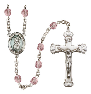 Hand Made Silver Plate Rosary with 6mm Fire Polished Light Amethyst Beads featuring a Saint Christopher Center.