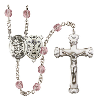 Silver Plated 6mm Fire Polished Saint Michael/1St Responder Rosary in Light Amethyst