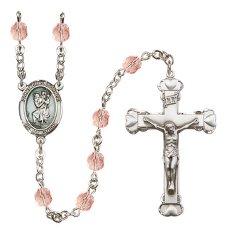 Hand Made Silver Plate Rosary with 6mm Fire Polished Pink Beads featuring a Saint Christopher Center.