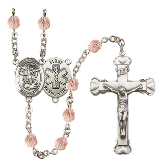 Silver Plated 6mm Fire Polished Saint Michael/1St Responder Rosary in Pink