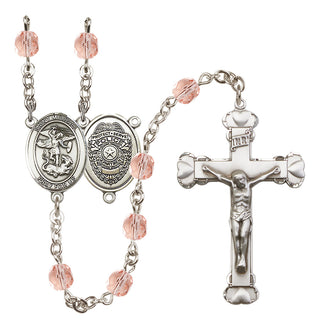 Silver Plated 6mm Fire Polished Saint Michael the Archangel/Policeman Rosary in Pink