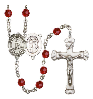 Saint Sebastian and Skiing Rosary with Ruby Beads
