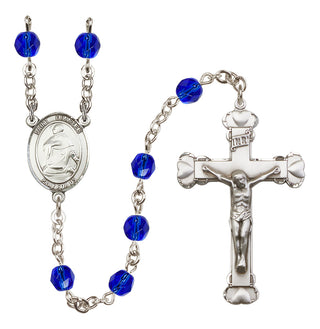 Silver Plated 6mm Fire Polished Saint Charles Borromeo Rosary in Sapphire
