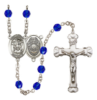 Silver Plated 6mm Fire Polished Saint Michael the Archangel/Policeman Rosary in Sapphire