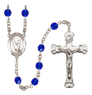 Silver Plated 6mm Fire Polished Saint Christopher/Gymnastics Rosary in Sapphire