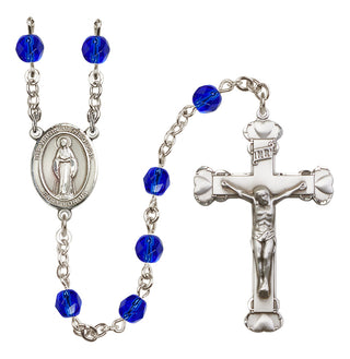 Silver Plated 6mm Fire Polished Virgin of the Globe Rosary in Sapphire