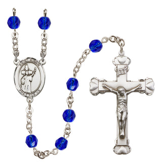Silver Plated 6mm Fire Polished Saint Aidan of Lindesfarne Rosary in Sapphire