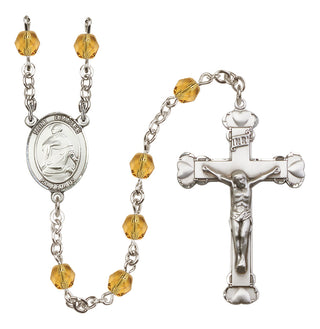 Silver Plated 6mm Fire Polished Saint Charles Borromeo Rosary in Topaz
