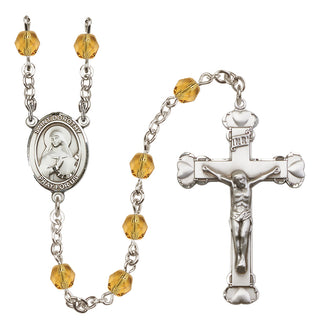 Silver Plated 6mm Fire Polished Saint Dorothy Rosary in Topaz